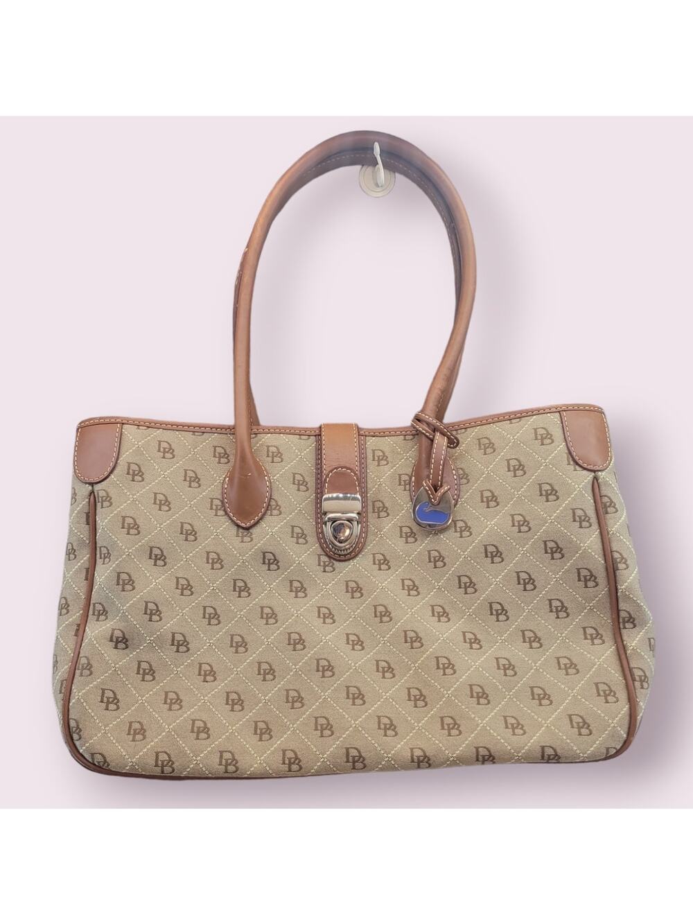 Dooney & Bourke DB Logo Tote Brown Tan Canvas Leather Large